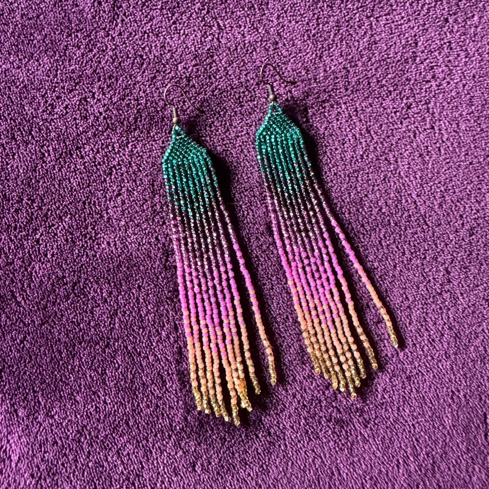 Beautiful Sunset Ombré Hand Beaded Fringe Earrings